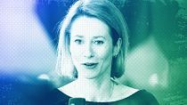 Estonia's Prime Minister Kaja Kallas speaks with the media as she arrives for an EU summit in Brussels, April 2024