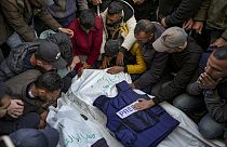 Relatives and friends mourn over the bodies of five Palestinian journalists who were killed by an Israeli airstrike in Gaza City, Thursday, Dec. 26, 2024.