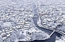 An aerial view of Bascarsija, the old part of Sarajevo, Bosnia, Tuesday, Dec. 24, 2024, after a snowfall