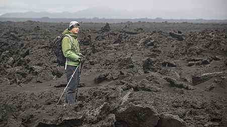 An Artemis II crew member hikes during NASA's Geology Training in Iceland