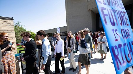 Youth plaintiffs in the Held v. Montana climate case leave the Montana Supreme Court, 10 July 2024, in Helena, Montana. 